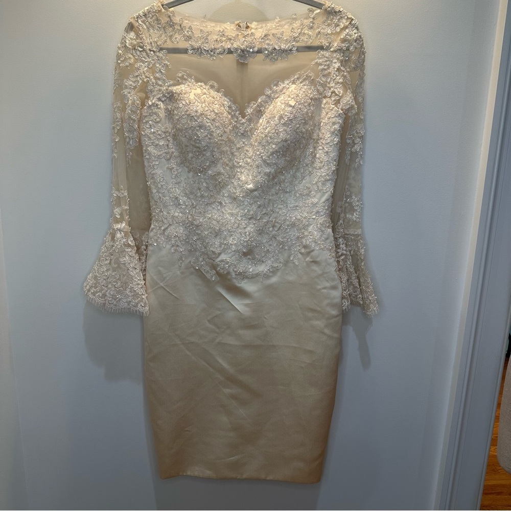 Ada’s Brudal Cream White Dress with Lace Sequins and Bell Sleeves — Size 10